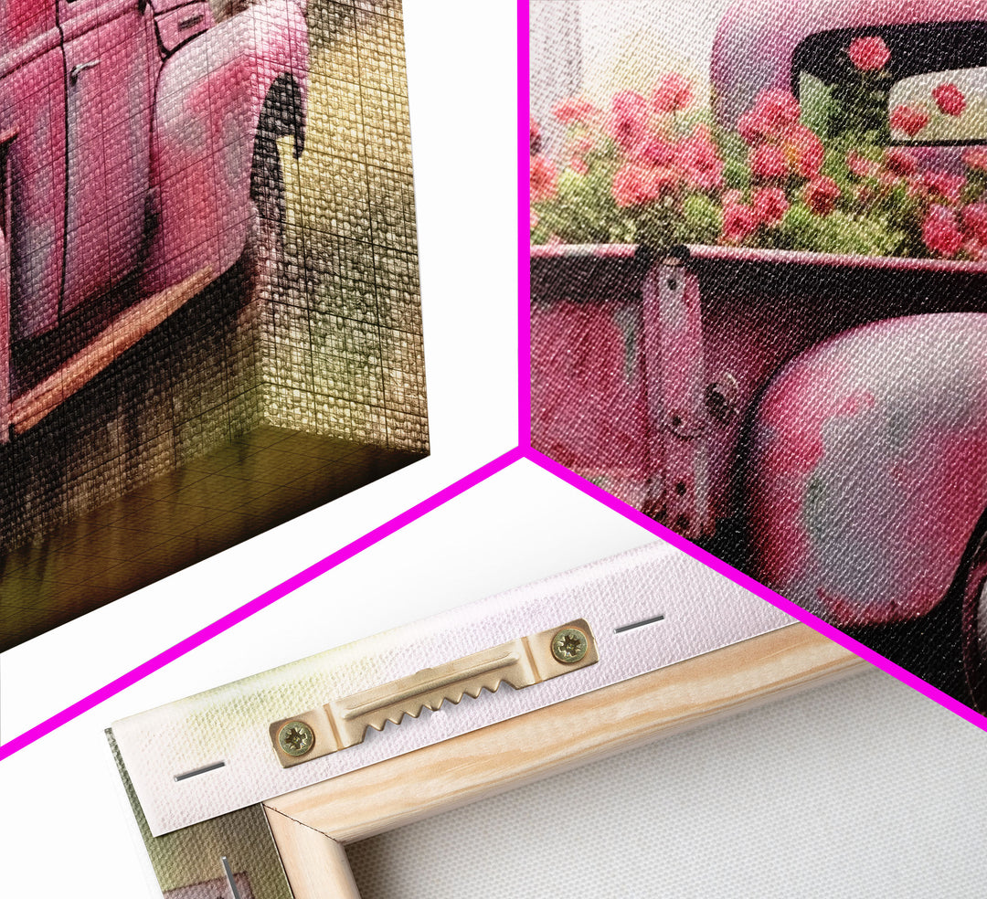 Old Pink Truck Used As a Flower Bed, Framed Canvas Print Or Poster, Rustic Farmhouse Decor, Primitive Art, Country Home Art