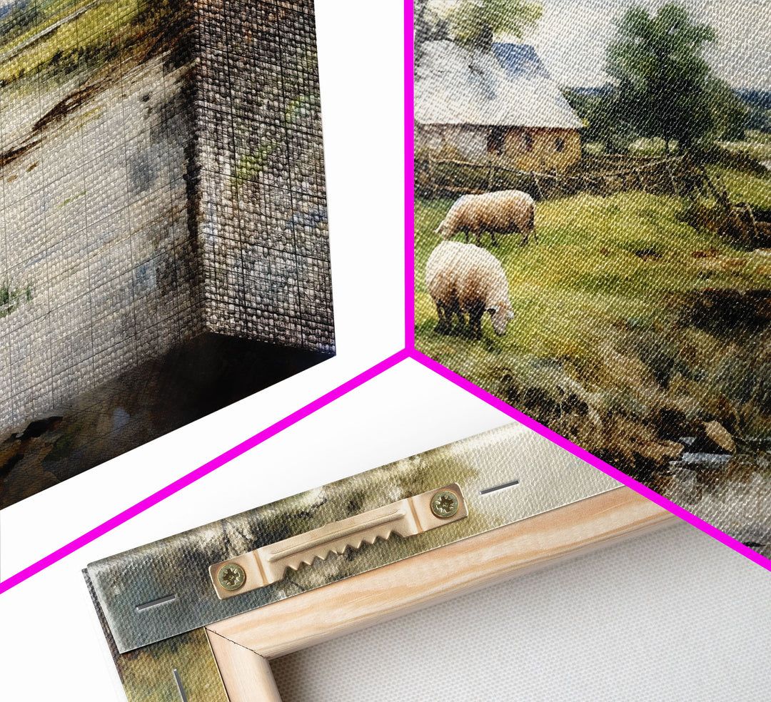 Sheep Grazing By The River, Vintage Art Canvas Print, Vintage Home Decor, Large Canvas Wall Art, Vintage Farmhouse Decor, Vintage Landscape