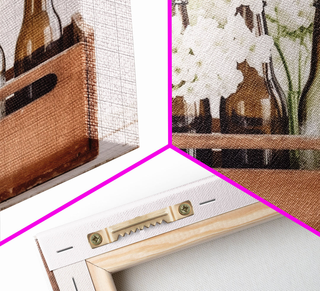 Primitive Kitchen Wall Art, Framed Canvas Print, Antique Bottles With White Flowers In A Wooden Crate, Still Life Kitchen Decor, Minimalist