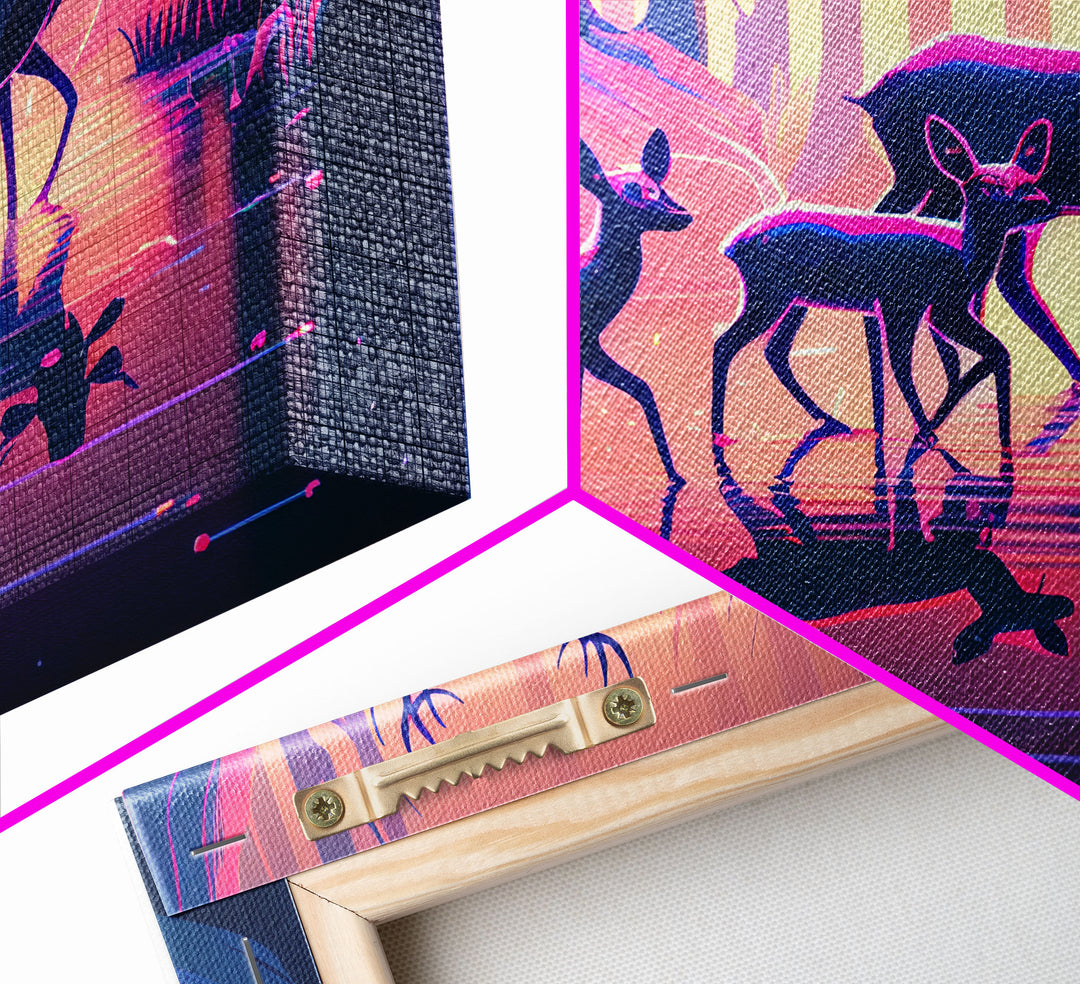 Vaporwave nature art, family of Deer in the forest, pastel art, framed canvas print, framed wall art