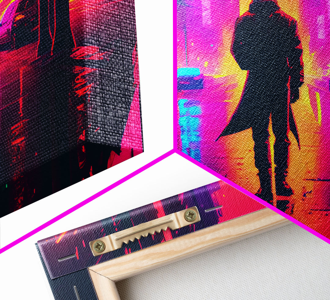 Cyberpunk bounty hunter art, vaporwave synthwave dystopian cityscape, framed canvas print