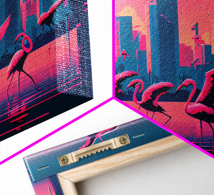 Pink Flamingos, Vaporwave aesthetic style art, framed canvas print, framed wall art
