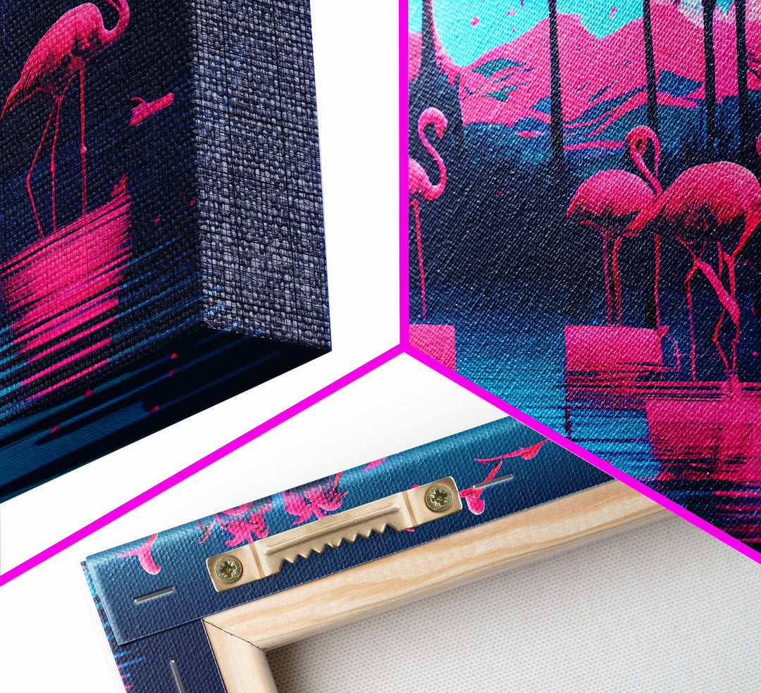 Reflections of Pink Flamingos, Vaporwave aesthetic style art, framed canvas print, framed wall art