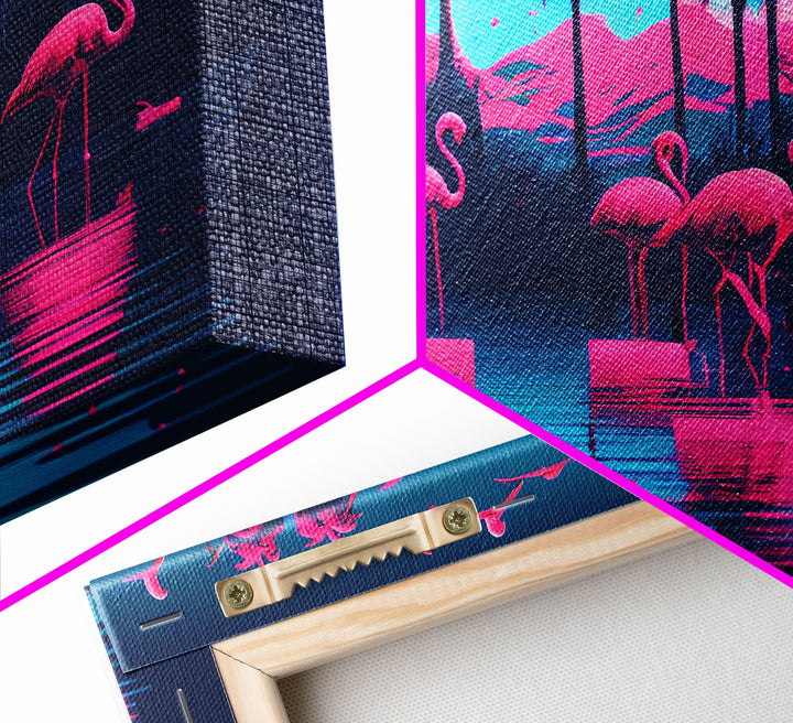 Reflections of Pink Flamingos, Vaporwave aesthetic style art, framed canvas print, framed wall art