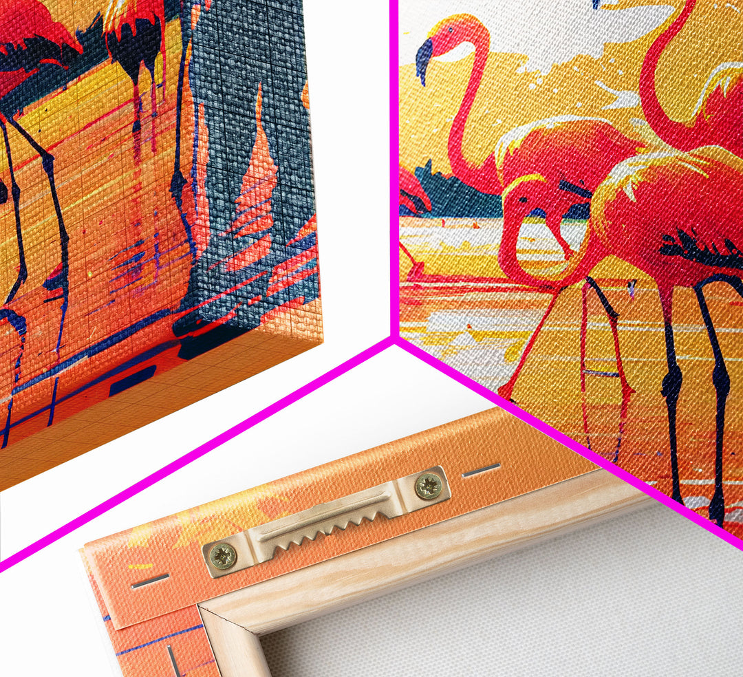 Pink Flamingos at Sunset, framed canvas print, vaporwave vibes art