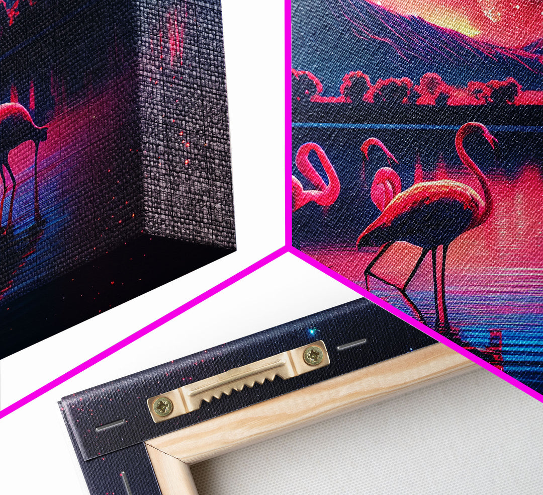 Pink Flamingos against a starry night sky, synthwave vibes, framed canvas print, framed art
