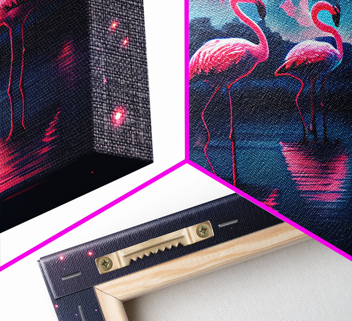 Pink Flamingos against a starry night sky, synthwave vibes, framed canvas print, framed art