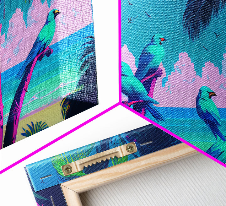 Tropical birds of paradise, synthwave, vaporwave wall art, framed canvas print