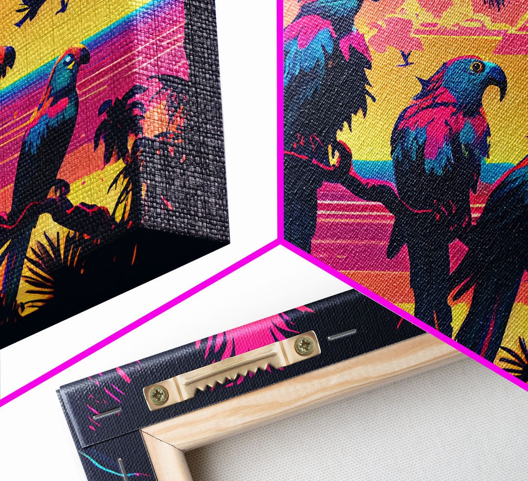 Tropical birds of paradise, synthwave, vaporwave wall art, framed canvas print