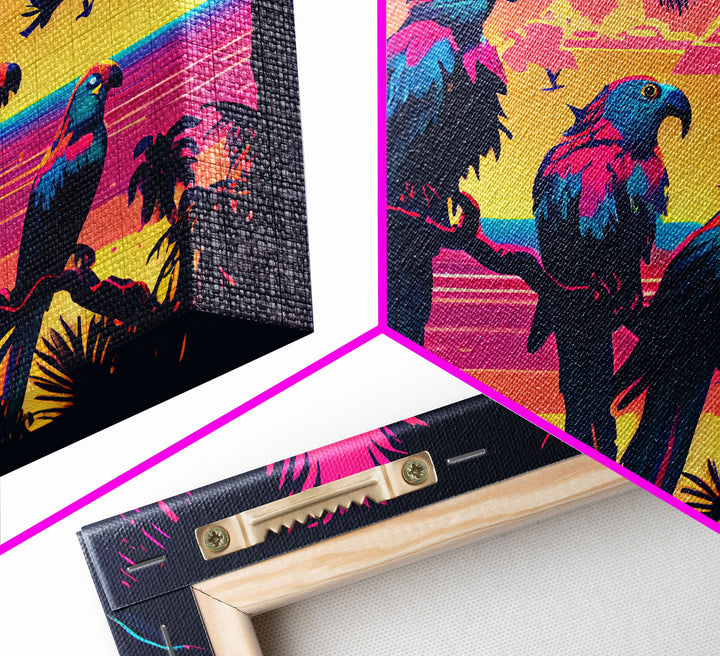 Tropical birds of paradise, synthwave, vaporwave wall art, framed canvas print