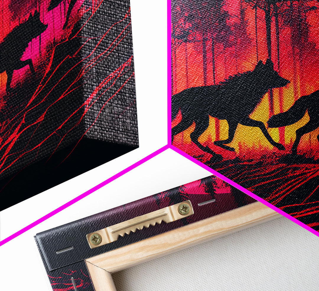 Wolf Pack on the hunt at sunset, synthwave animal art, framed canvas print