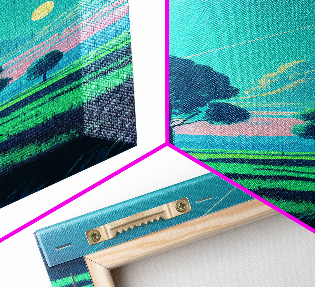 Retrowave landscape pixel art, soothing art, framed canvas print, light pastel sunset