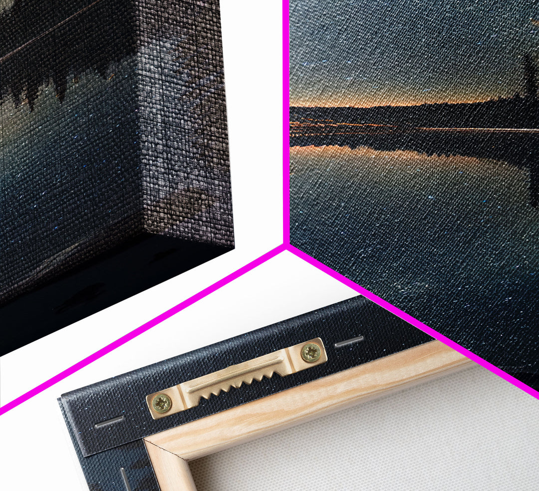 Reflections of a starry night sky over the lake, lakehouse art, beautiful framed canvas print