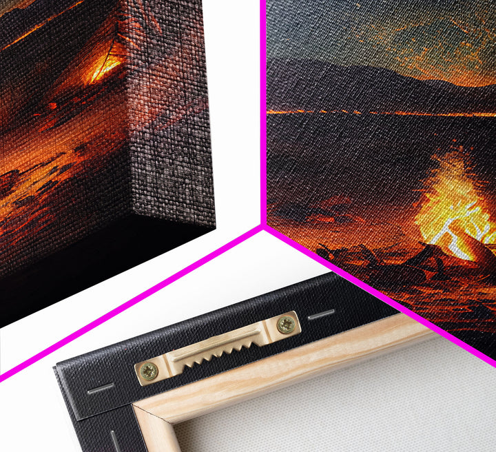 Primitive Art, Campfire under the stars, camping art, framed canvas print