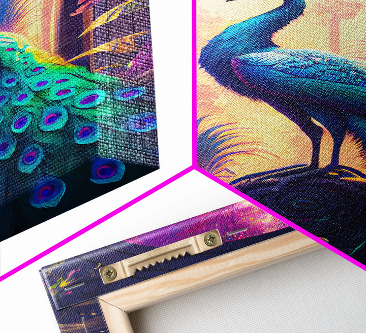 Turquoise peacock art, fantasy decor, framed canvas print