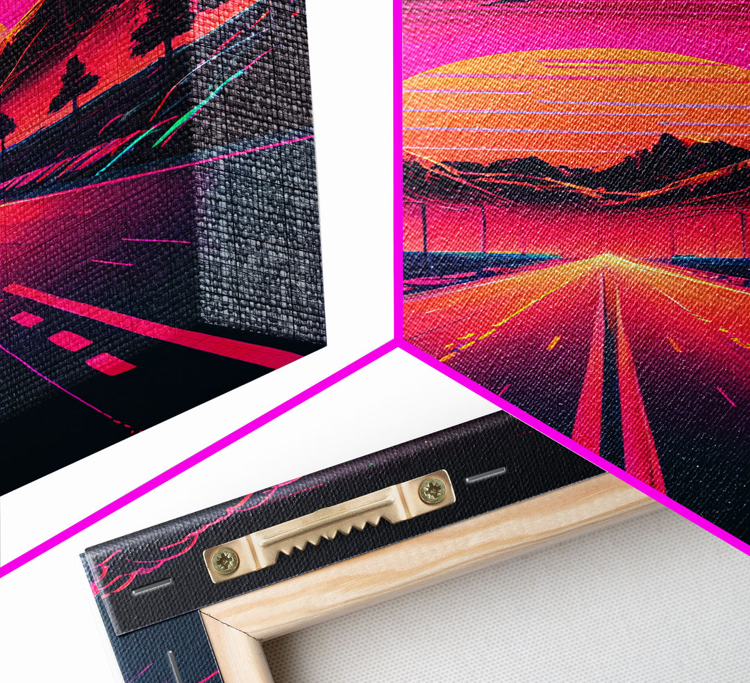 Outrun Sunset over the Arizona mountains, neon aesthetic art,  framed canvas print