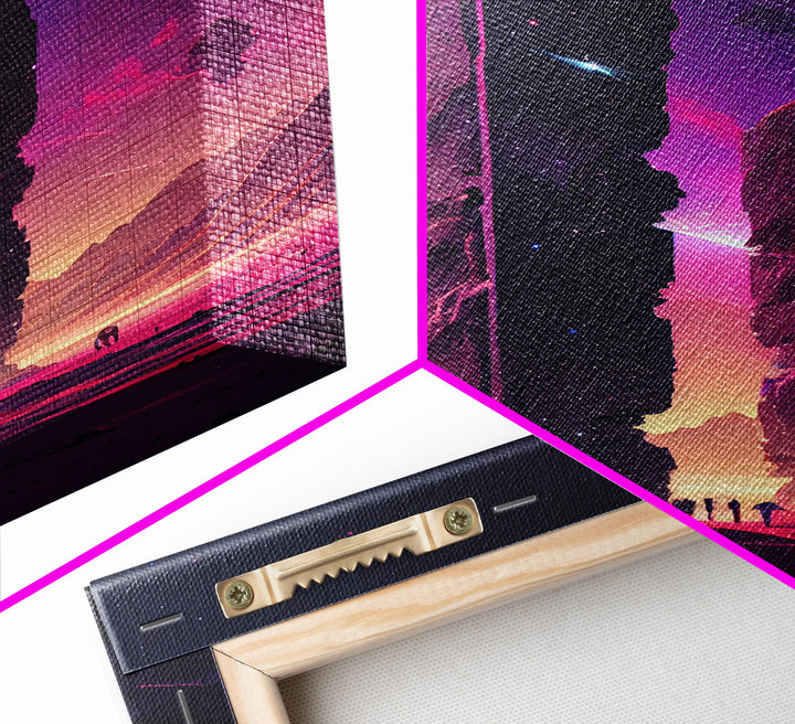 The Monoliths, Scifi art, retro synthwave style alien planet art, framed canvas print