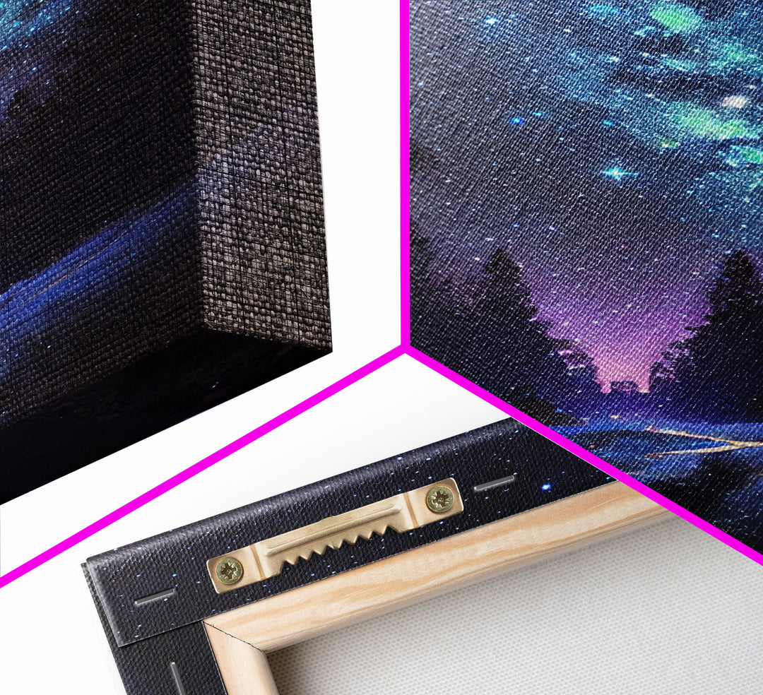 Starry Night Time Landscape, Milky Way Galaxy Art, Pine Tree Forest, Framed Canvas Print