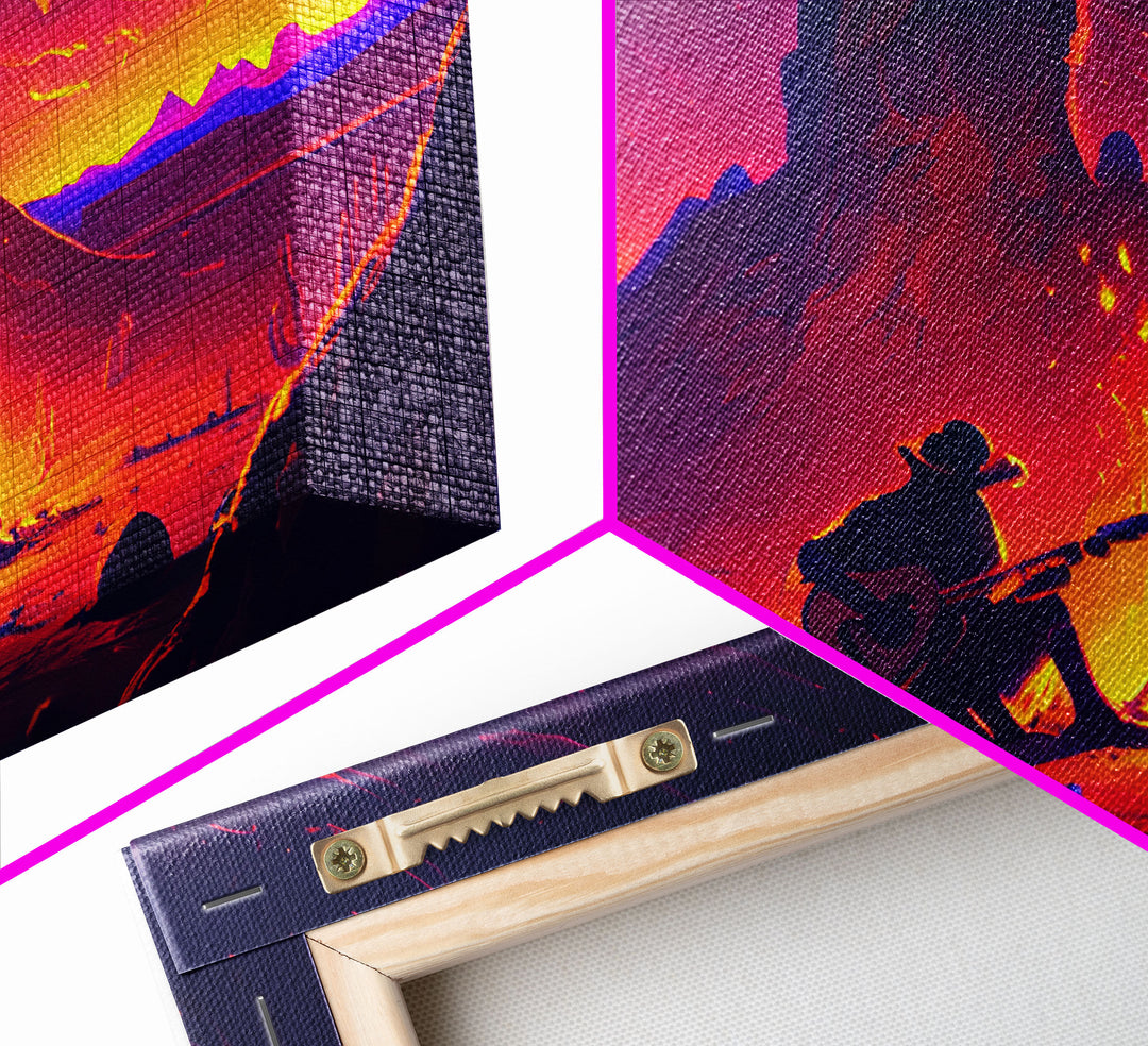 Campfire Songs, Retrowave style art, framed canvas print, synthwave art