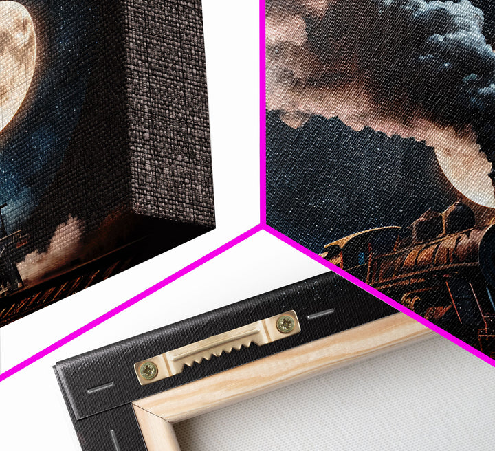 Steampunk Wild West Decor, Steam Train at Midnight, Framed Canvas Print