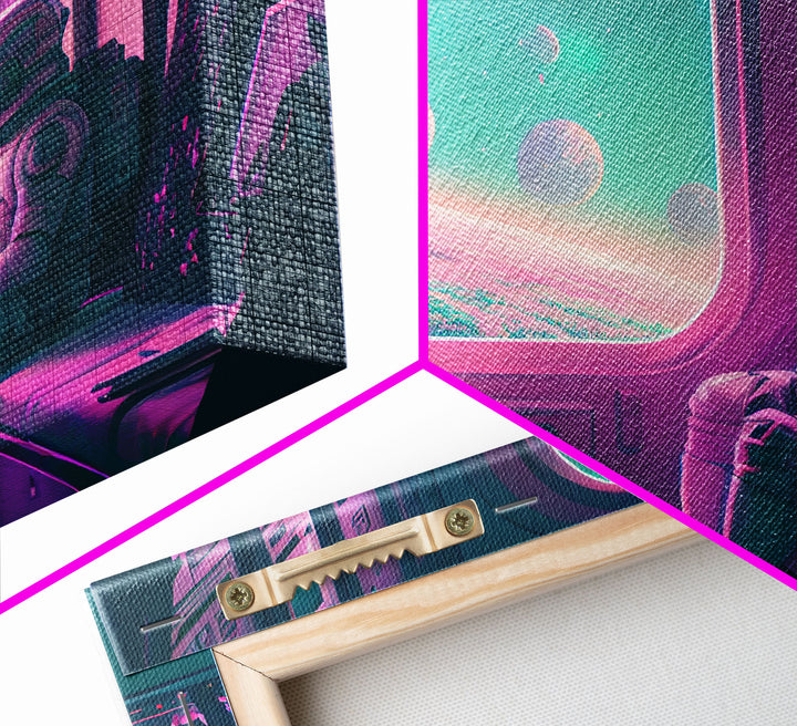 Vaporwave Aesthetic Scifi Art, In Transit, Astronaut riding the space train, framed canvas print