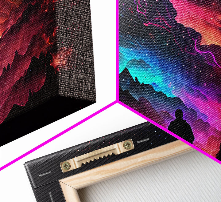 Contemplating the Universe, retro style space art, framed canvas print, synthwave space decor