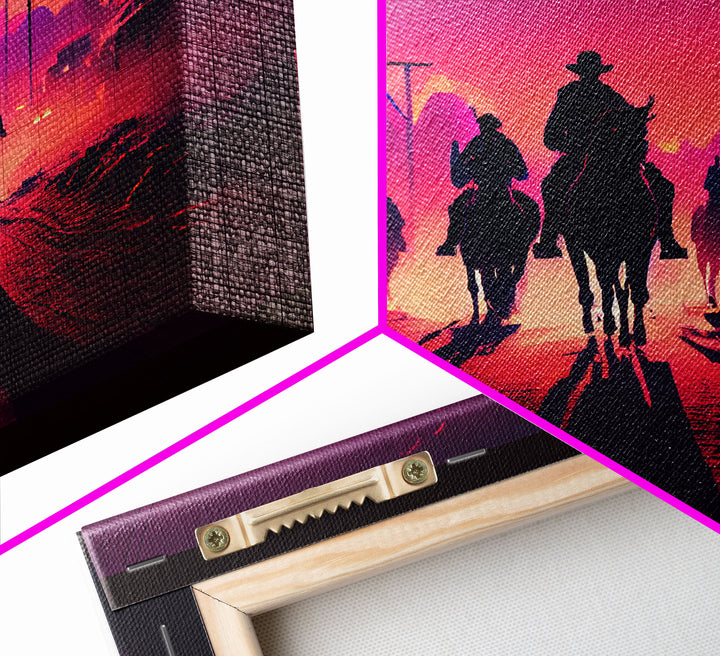 Retro Synthwave Style Post-Apocalyptic Cowboys, framed canvas print, retro outrun style wild west art
