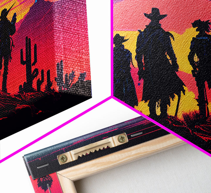 Retro Synthwave Style Wild West Cowboys, framed canvas print, retro outrun style wild west art