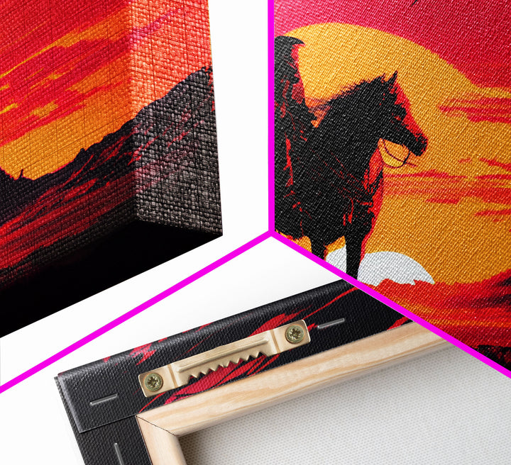 Retro Wildwest Sunset Art, Framed Canvas Print, Native American Warrior on Horseback