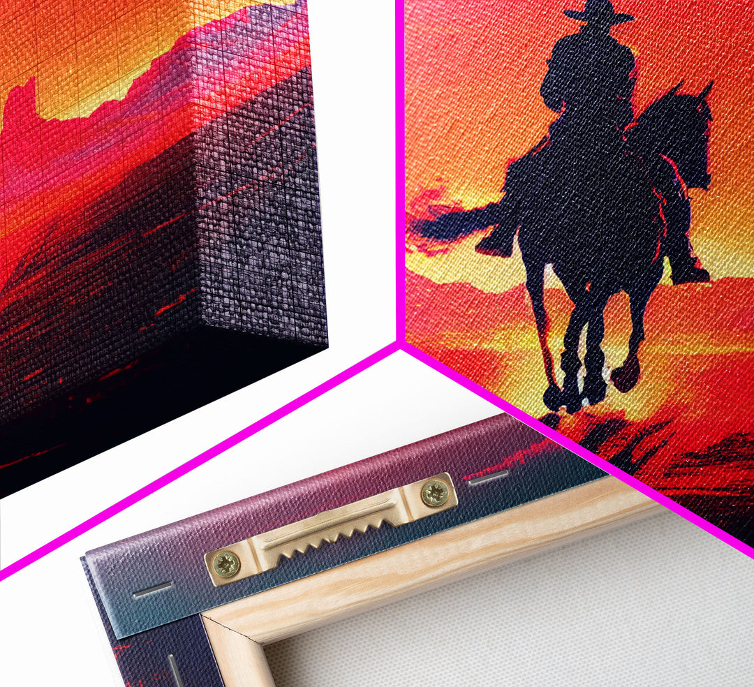 The Sunset Ride, Wild West Cowboy Art, retro style western decor, framed canvas print