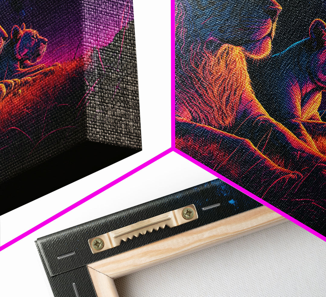 Retro Synthwave Style Lion Art, African Wildlife, Framed Canvas Print, Pastel Tones Wall Decor