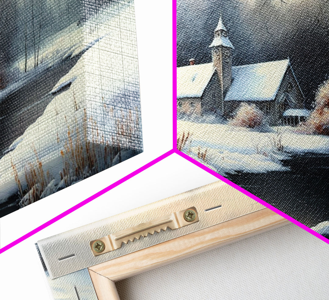 Snow Covered Landscape Art | Church Art | Framed Canvas Print | Snowy Winter Scene | Boho Minimalist Modern Art