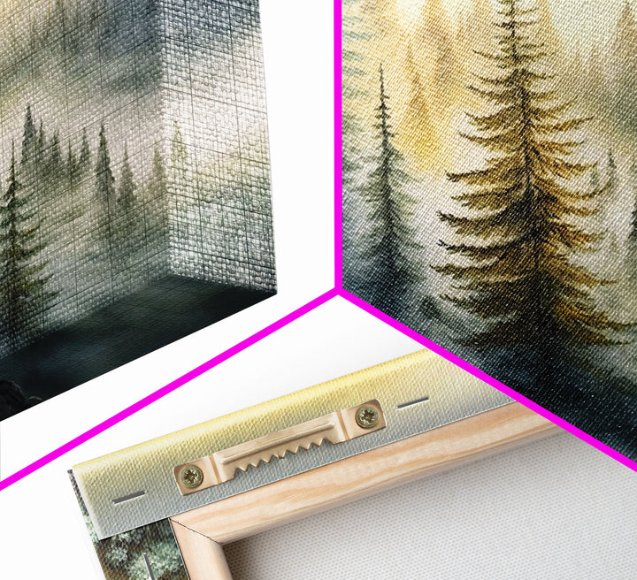 Watercolor of a foggy pine tree forest, framed canvas print, unique wall art, contemporary art