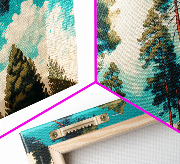 Pine Tree Forest and Blue Skies, Framed Canvas Print, Beautiful Wall Art, Living Room Wall Decor, Pine Cone Tree