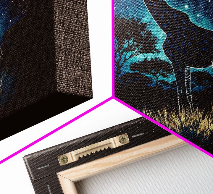 Starry Night over Africa, Giraffe Print, Framed Canvas Art, Galaxy Night Sky, Mancave decor