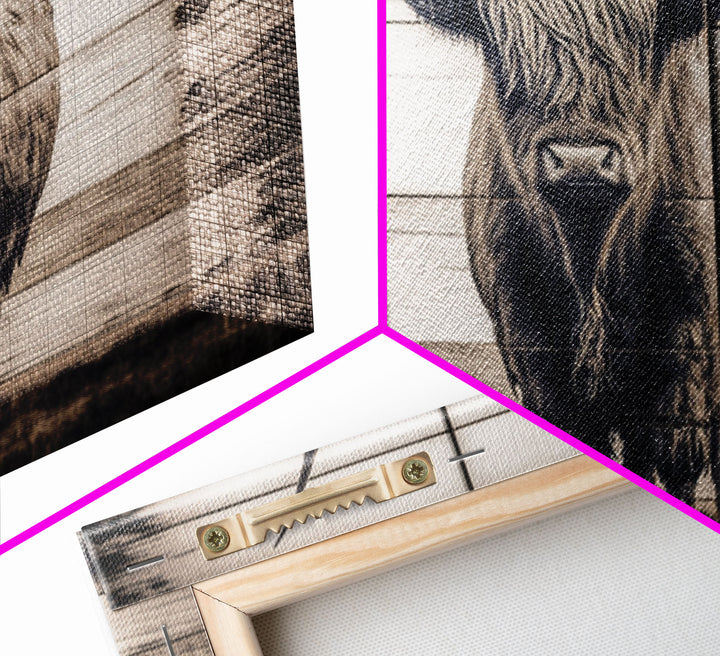 Rustic Cattle Art, Framed Canvas Print, Framed Wall Art, Primitive Rustic Minimalist Farmhouse Decor, Highland Cattle Distressed Art