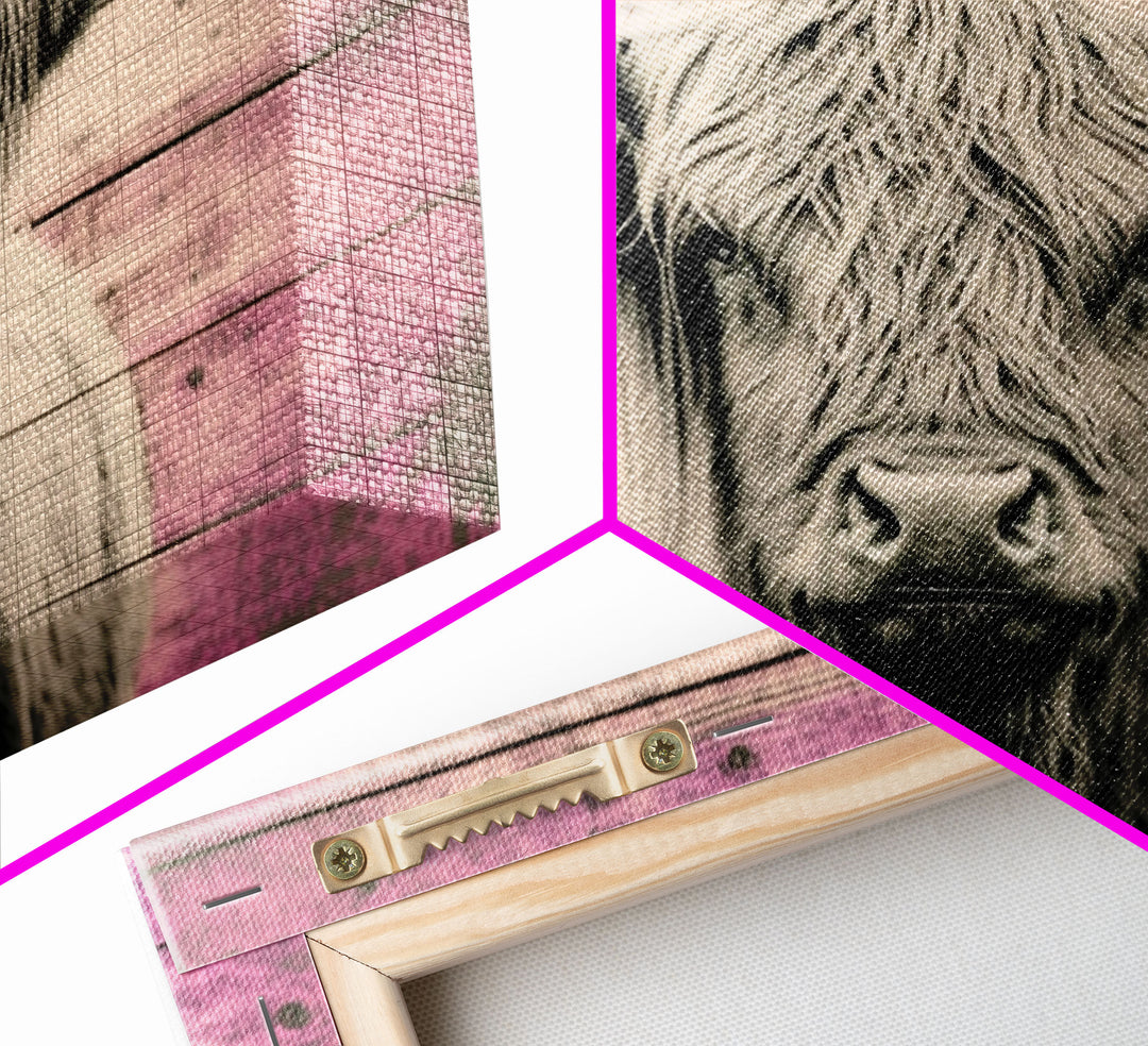 Pink Rustic Cattle Art, Framed Canvas Print, Framed Wall Art, Primitive Rustic Minimalist Farmhouse Decor, Highland Cattle Distressed Art