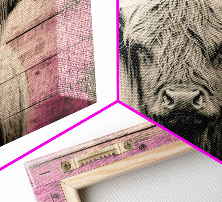 Pink Rustic Cattle Art, Framed Canvas Print, Framed Wall Art, Primitive Rustic Minimalist Farmhouse Decor, Highland Cattle Distressed Art