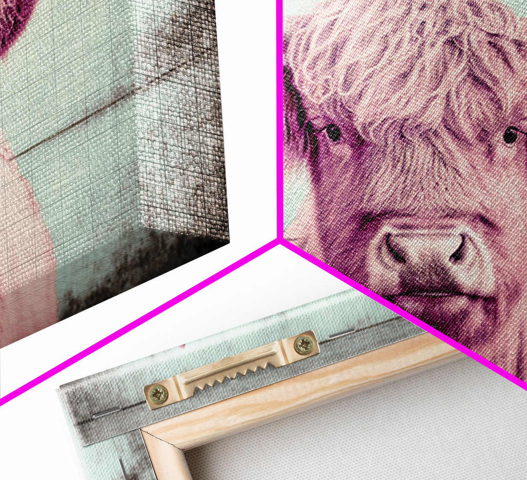 Pink and Turquoise Rustic Cattle Art, Framed Canvas Print, Framed Wall Art, Primitive Rustic Minimalist Farmhouse Decor, Highland Cattle Art