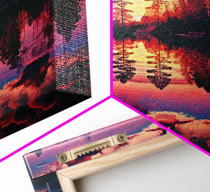 Reflections on the lake, red landscape art, framed canvas print, subdued red nature art