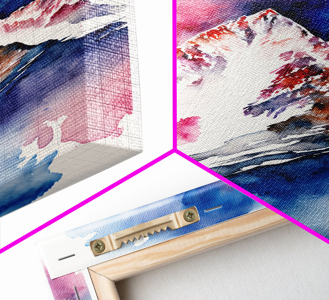 Red, White and Blue Mountain Landscape Watercolor, Framed Canvas Print, Colorful Unique Wall Art