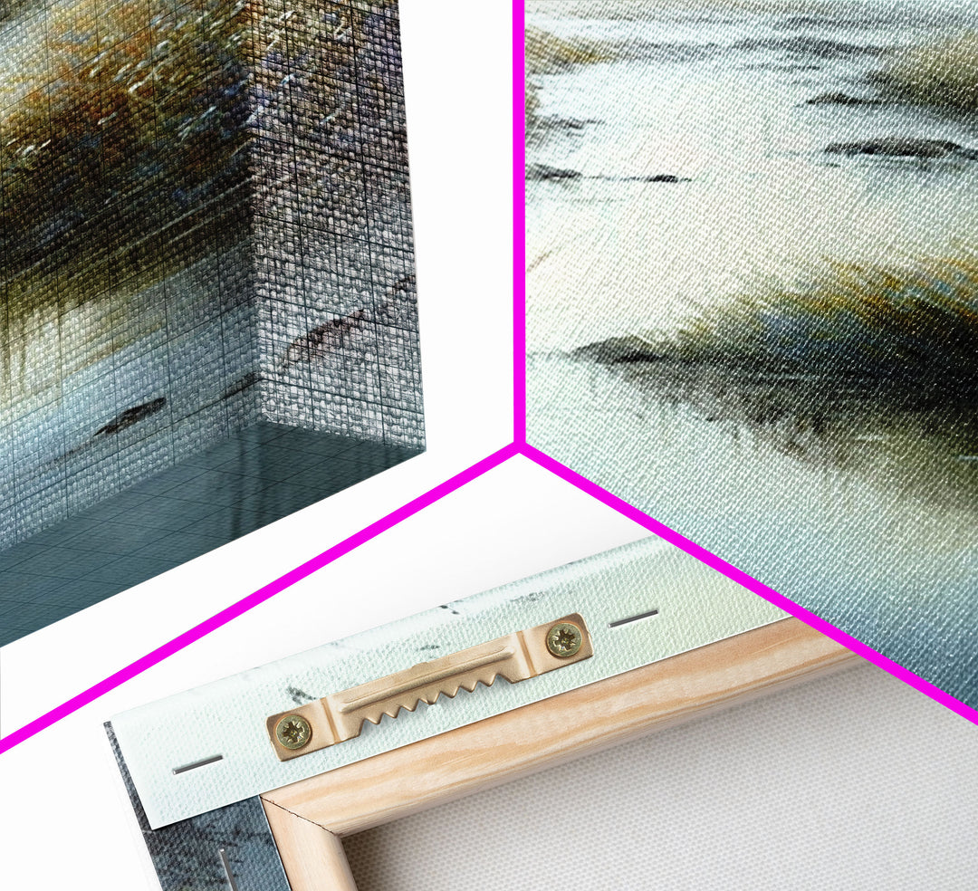 Minimalist Watercolor Painting Print Of a Mountain Lake in Spring, Framed Canvas Print, Unique living room wall decor | Wall Art