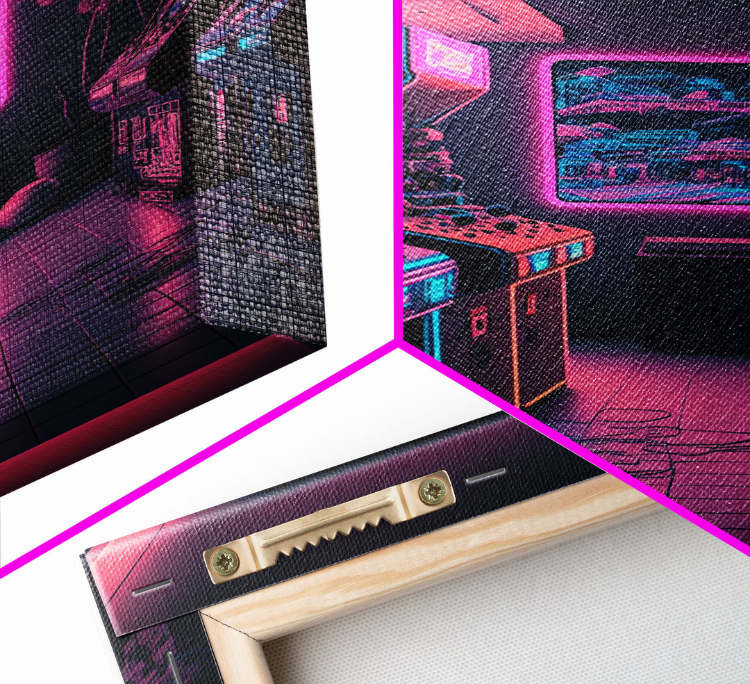 Neon Arcade, Gamer Room Decor, Unique Game Room Art, Framed Canvas Print, Synthwave Style Art, Vaporwave Gamer Art, Retrowave Arcade