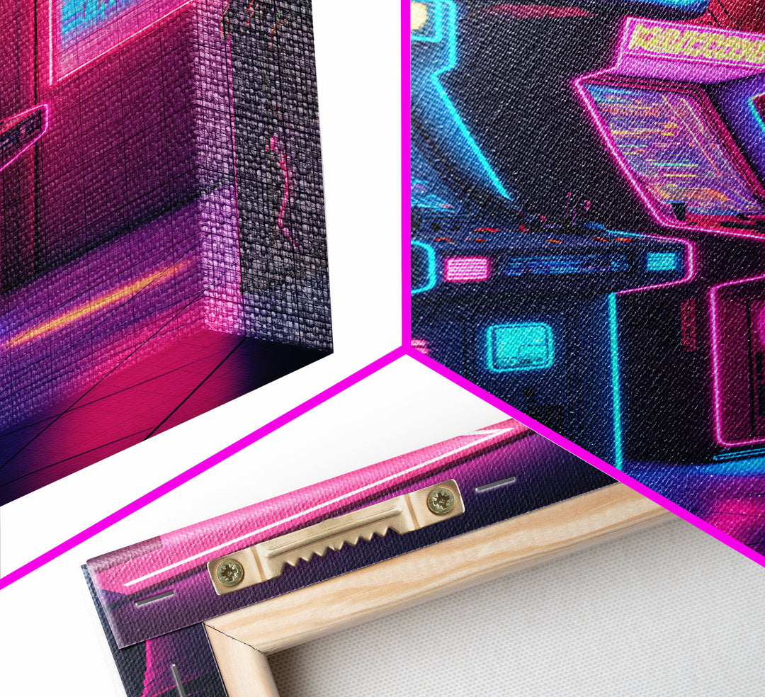 Retrowave Arcade Room, Neon Gamer Art, Framed Canvas Print, Framed Wall Art, Retrowave Arcade Decor, Game Room Art