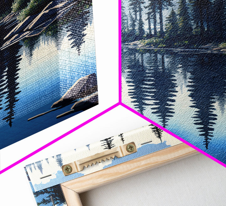 Washington State Pine Tree Forest and Lake Reflection, Framed Canvas print, watercolor painting print, unique living room wall art