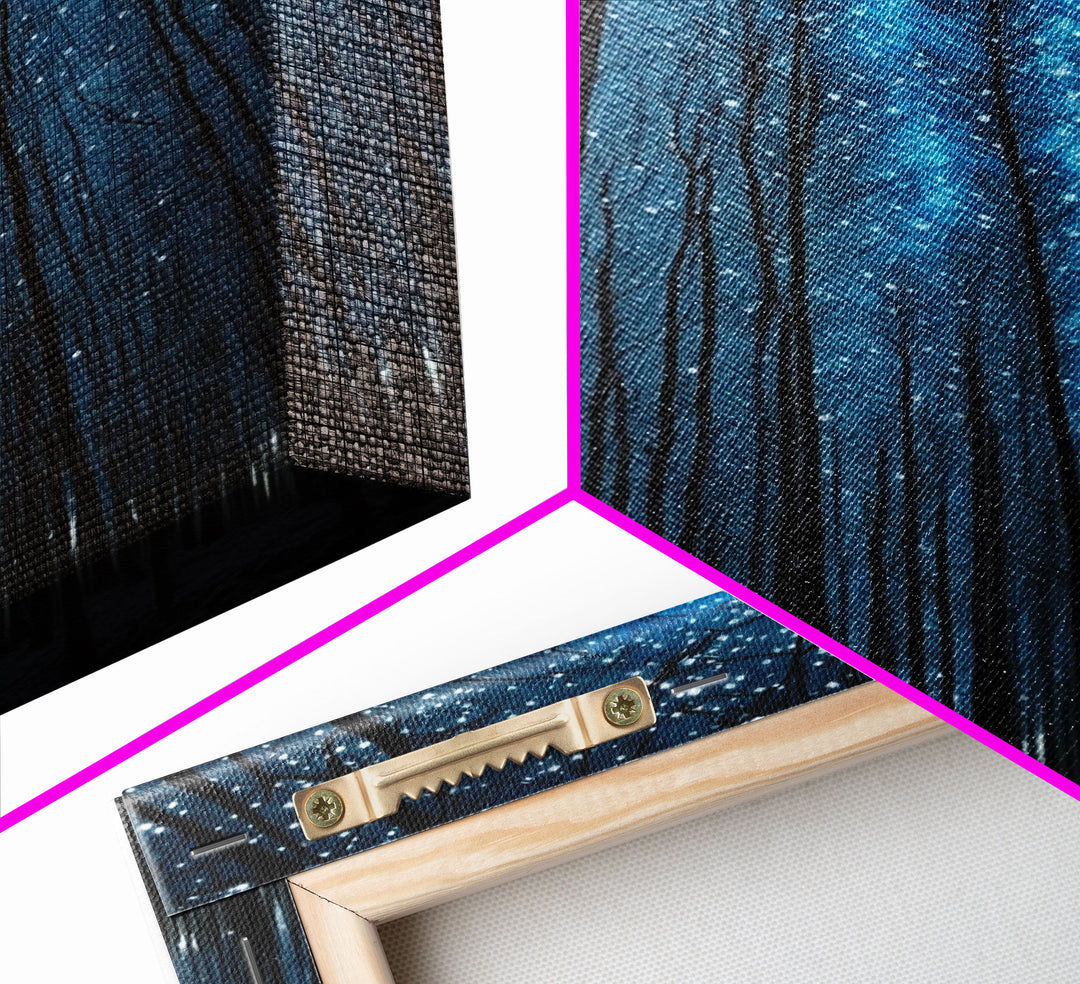 Birch Tree Forest At Night, Starry Night Sky, Framed Canvas Print, Boho Minimalist Farmhouse Decor, Primitive Art