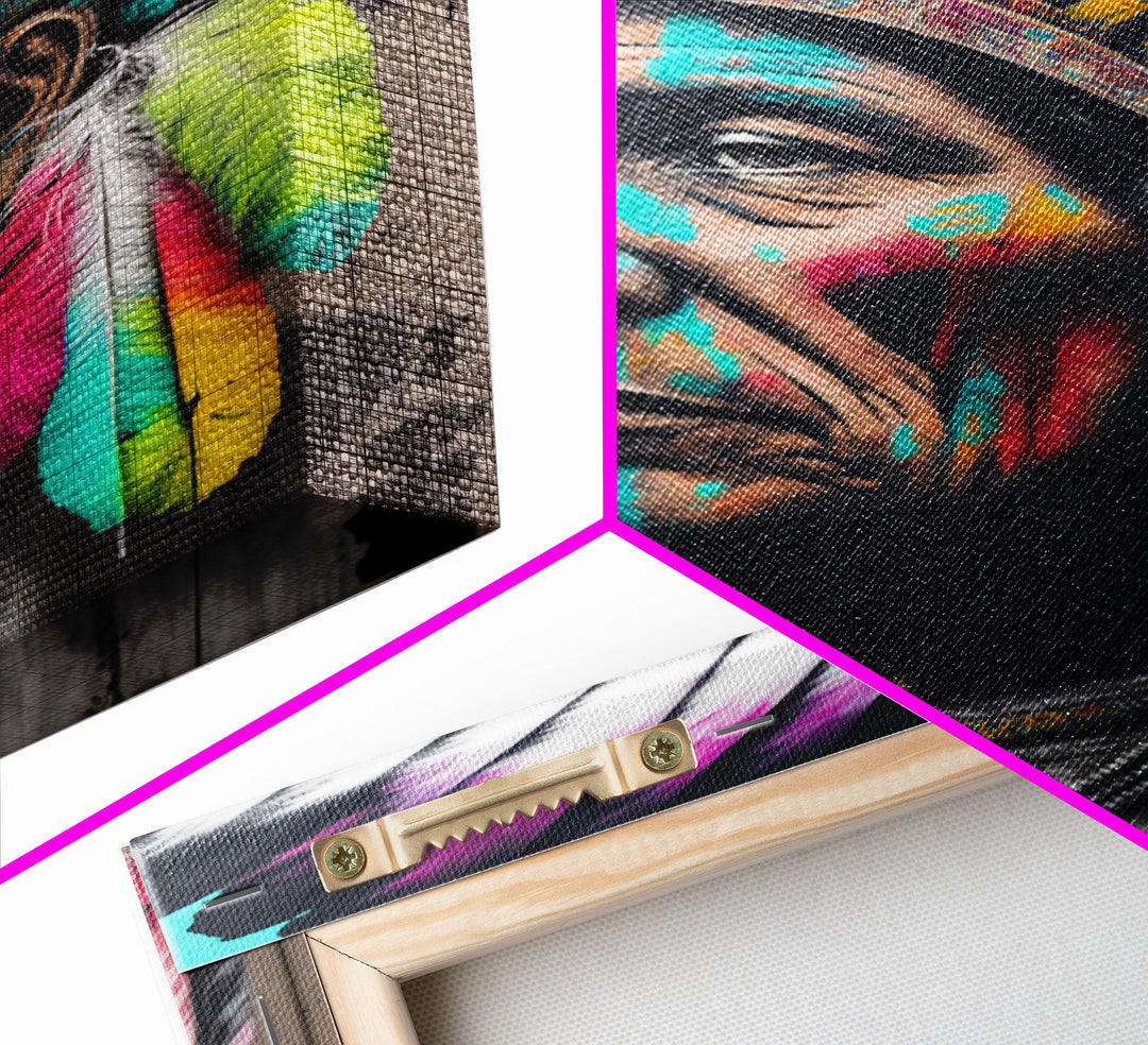 The Warrior, Native American Chief, Graffiti Art Portrait, Framed Canvas Print, Rainbow Feather Mohawk, Pop Art Portrait