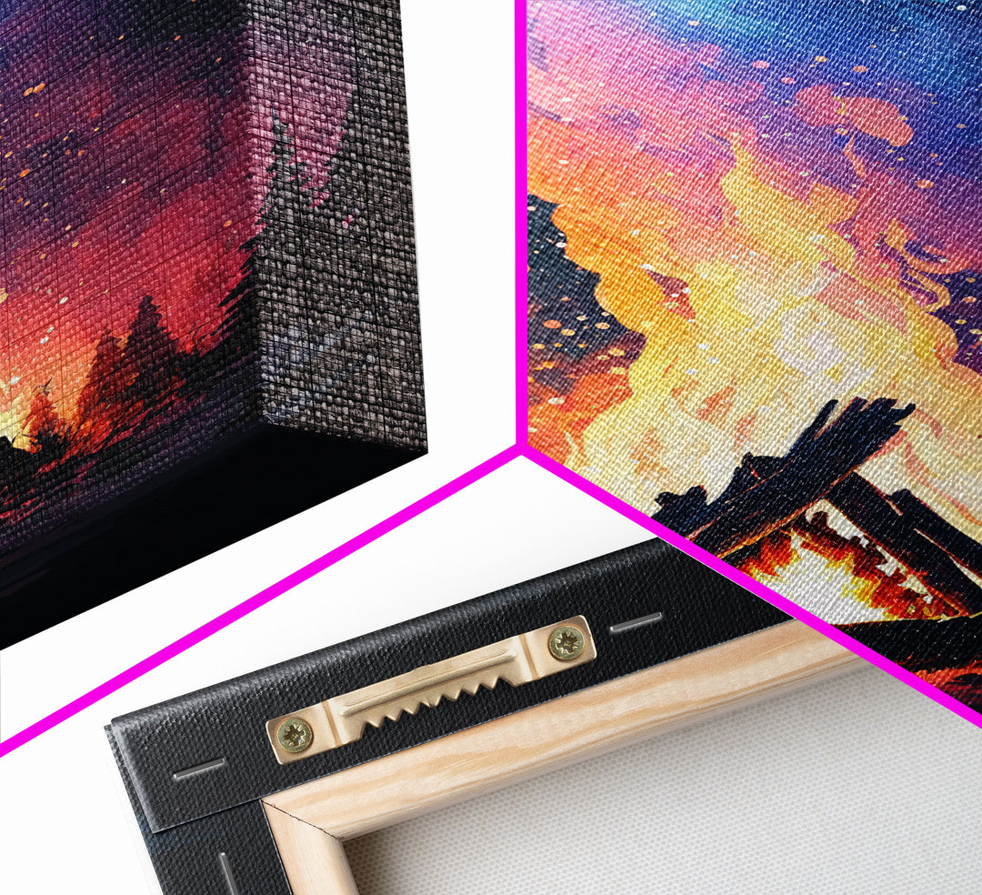 Campfire Print, Framed Canvas Art, Original Artwork, Hiking, Up North, Lake Life, Cabin Decor