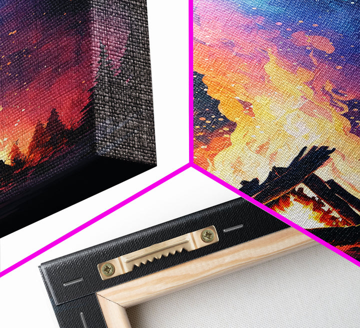 Campfire Print, Framed Canvas Art, Original Artwork, Hiking, Up North, Lake Life, Cabin Decor