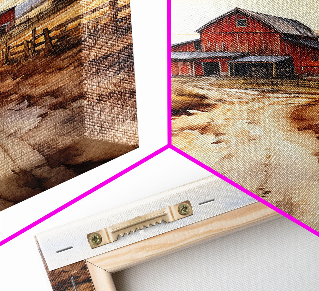 Sunset Over A Red Barn, Watercolor Painting Canvas Print, Country Poster Art,  Framed Canvas, Country Roads, Rustic Farmhouse Decor